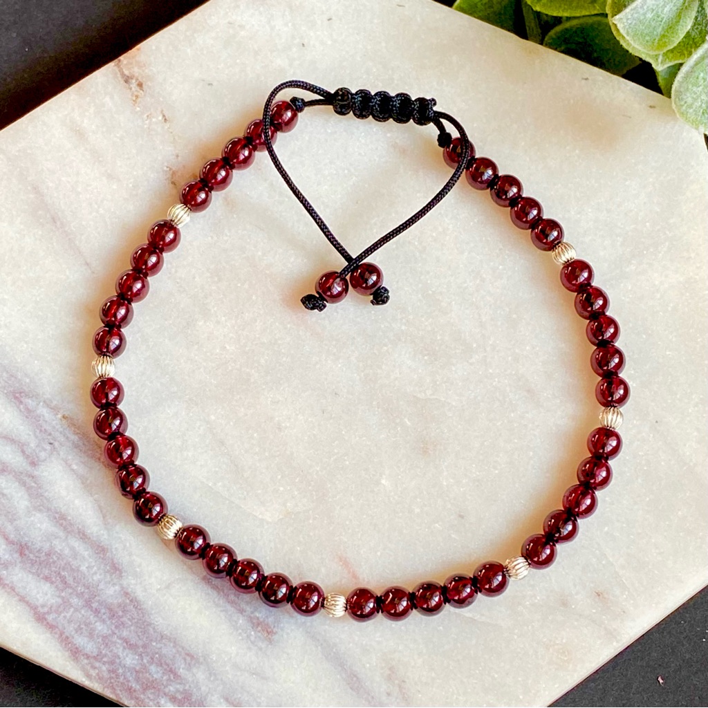 Garnet Bracelet Sterling Silver Beaded Gemstone Handmade Adjustable Unisex 25$
